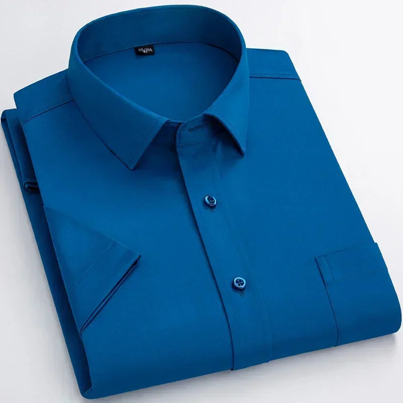 Men’s Business Short Sleeve Shirts Elegant Plain Stretch No Iron Office Formal Dress Shirt Casual Standard Male Workwear Shirt
