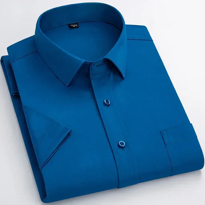 Men’s Business Short Sleeve Shirts Elegant Plain Stretch No Iron Office Formal Dress Shirt Casual Standard Male Workwear Shirt