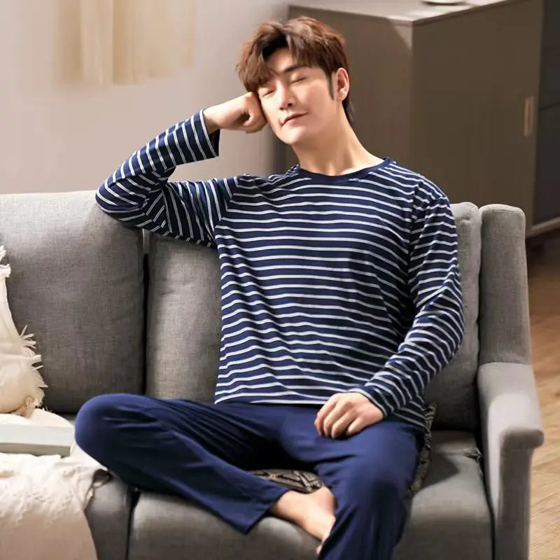 Men's Casual Pyjamas - Long-Sleeved Spring/Autumn Homewear Lightweight Pyjama Set for Young and Middle-Aged Men in Autumn/Winter