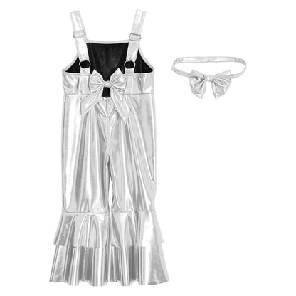 Baby Girls Clothes Birthday Party Metallic Bell Bottoms Romper Djustable Straps Bow Overalls with Headwear Photo Shoot Outfit