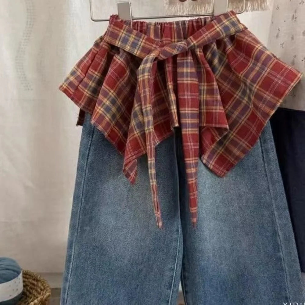 Girls' Pants 2025 New Stylish Little Girl Super Good-looking Retro Red Checkered Lace Up Fart Curtain Denim Skirt Pants