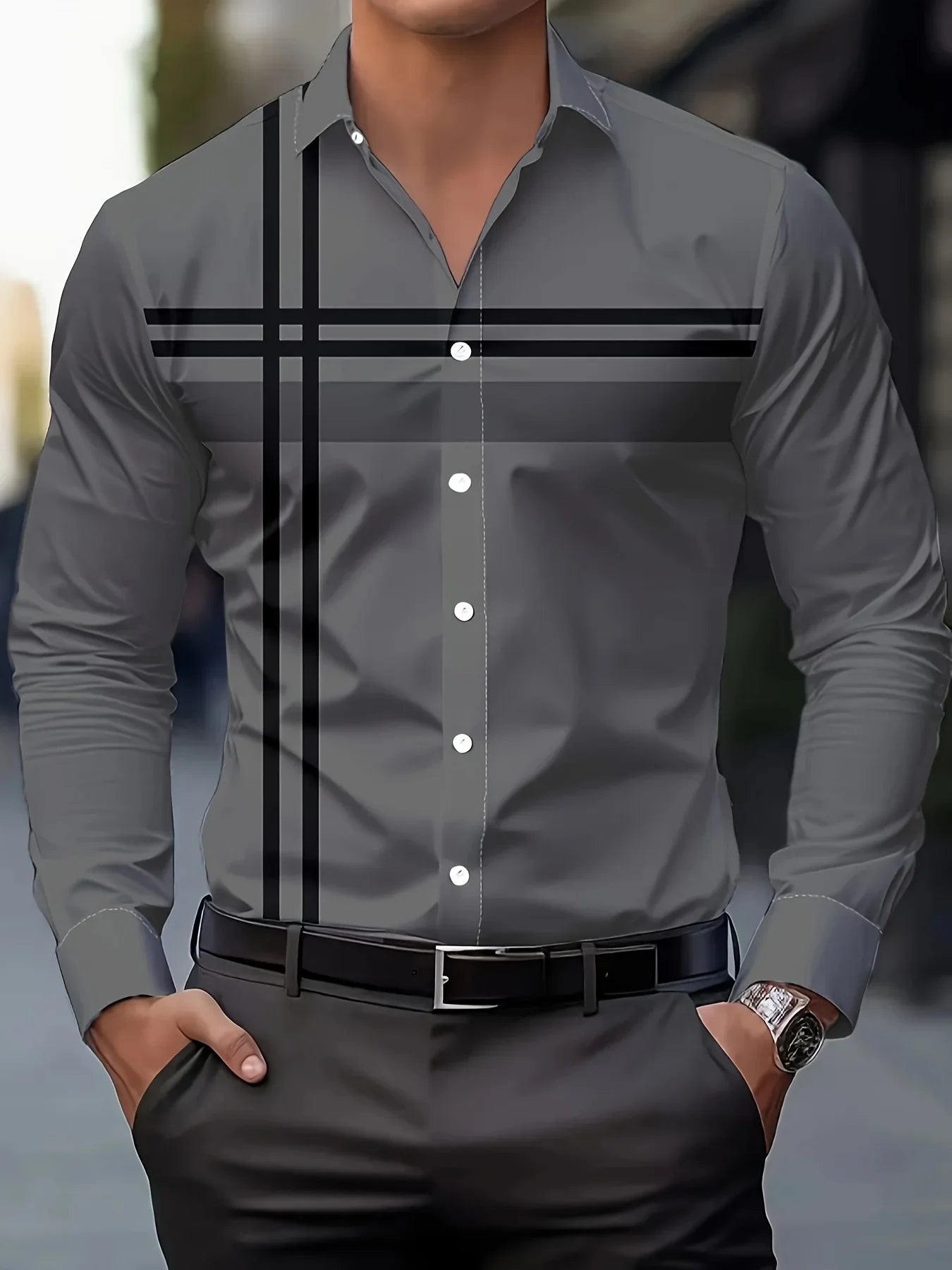 Men's Casual Dress Shirt with Modern Striped Design Regular Fit Long Sleeve Button-Up, Machine Washable for Spring Fall Office