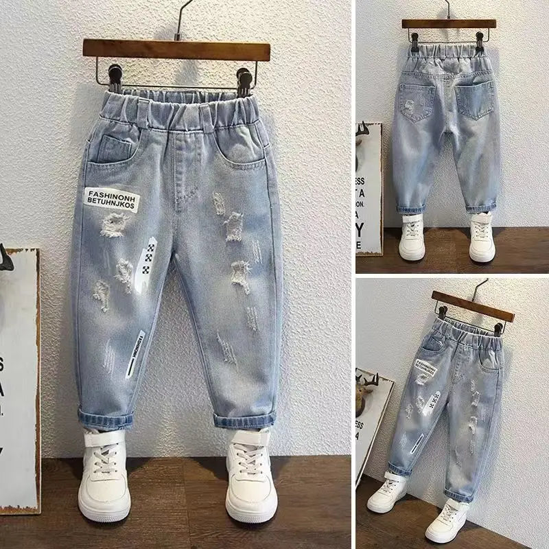 Boys Jeans for Children's Wear Spring and Autumn 2024 New Baby Fashion Korean Fit Long Pants for Children's Hole Jeans 2-9Y
