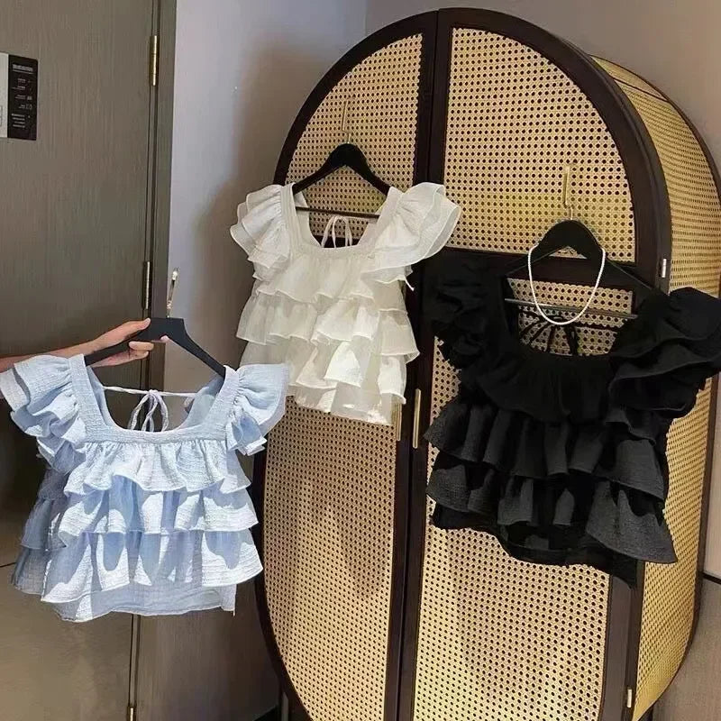 Girls Tops Vest Summer New White Ruffles Sleeveless Short Shirt Teens Kids Clothes 12 13 14 Years Children Beach Hooliday Blouse