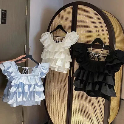 Girls Tops Vest Summer New White Ruffles Sleeveless Short Shirt Teens Kids Clothes 12 13 14 Years Children Beach Hooliday Blouse