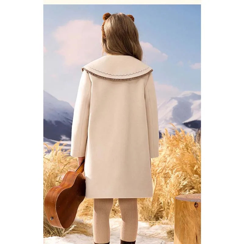 Winter Beige Thick Long Jackets Little Kid's Girls Coat Breasted Woolen Overcoat Cotton Trench Jackets Teenage Girl Coat 2-16Y