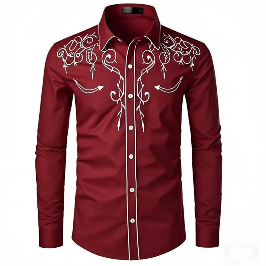 White Embroidery Shirts for Men Casual Shirt Western Style Cowboy Long Sleeve Party Dress Tops Classic Men's Clothing