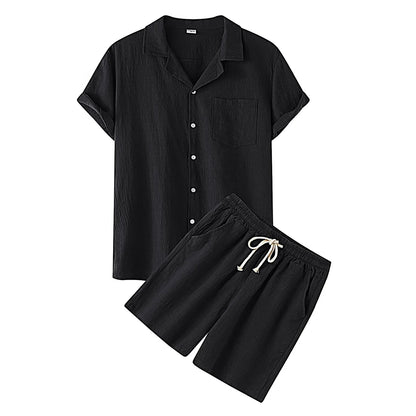 Cotton Linen Men Outfit Set Summer Casual Loose Single Breasted Men's Shirt Shorts 2 Pcs Sets Solid Beach Wear Short Sleeve Suit