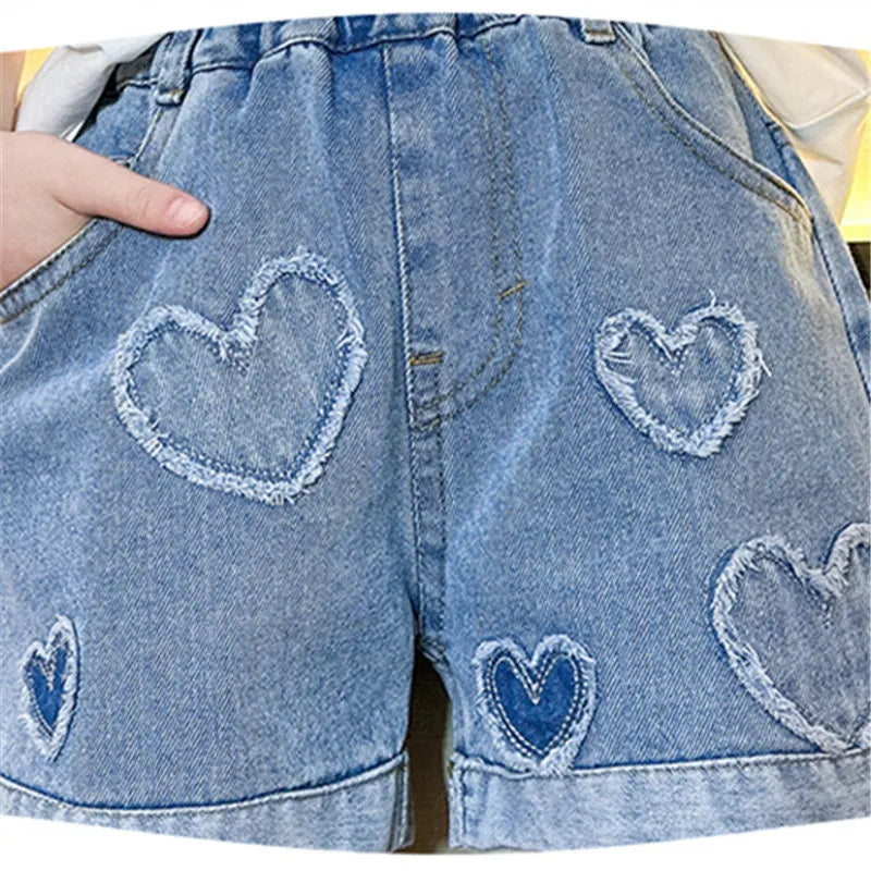 Girls Shorts with Heart Pattern High Waist Summer Hot Deals Teenage Child Fashion Jeans Kids Short Trousers Clothes 5-14Year Old