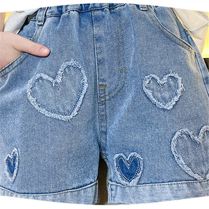 Girls Shorts with Heart Pattern High Waist Summer Hot Deals Teenage Child Fashion Jeans Kids Short Trousers Clothes 5-14Year Old