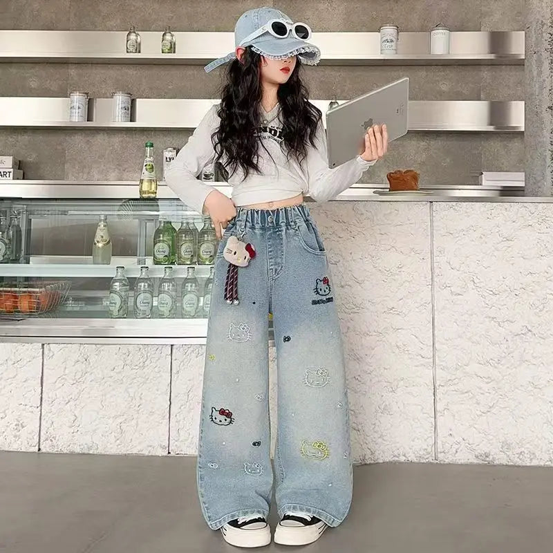 Girls Spring Autumn Wide Leg Jeans High Waist Long Pants Children's Clothing Kids' Denim Trousers Trendy Streetwear for Girls