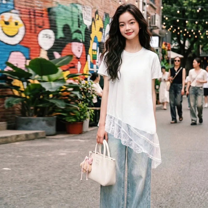 Girls T Shirt Summer 2026 Irregular Hem Lace Patchwork White Short Sleeve Tops Children Clothes Loose Minimalist Comfortable