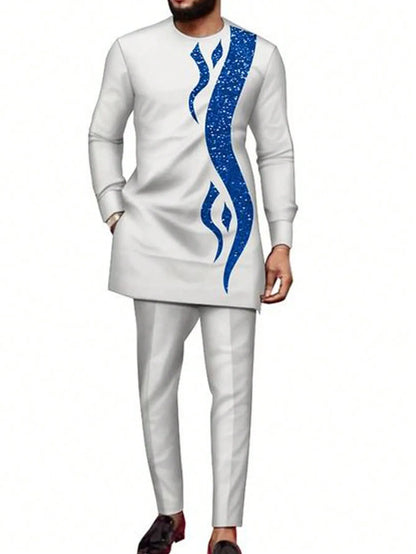 African traditional dress men's suit Long sleeve ethnic style printed patchwork shirt casual pants 2 piece holiday casual suit