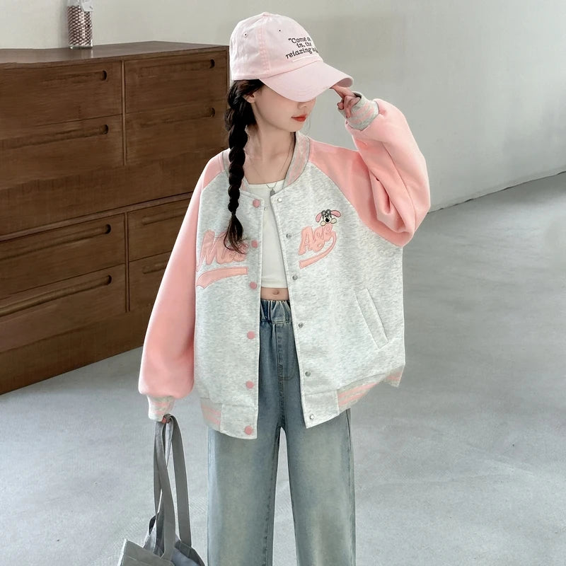 Teenage Girls Casual Baseball-Uniform Coat Loose Style Kids Spring Autumn Sporty Jacket Children New Arrival Sports Costume