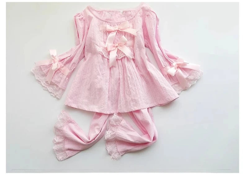 Girls Cotton Pajama Set Long Sleeve Kids Sleepwear Loungewear Comfy Home Clothes Basic Solid Color 2 Piece Outfit Summer Wear