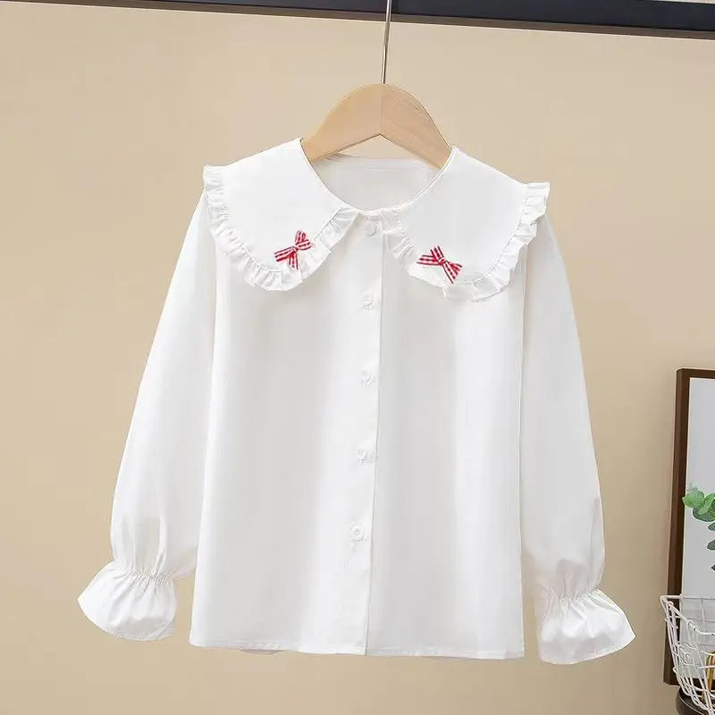 Girls' Spring Autumn Blouse New Korean Style Fashionable Long Sleeve White Shirt Children's Lace Peter Pan Collar Bottoming Shir