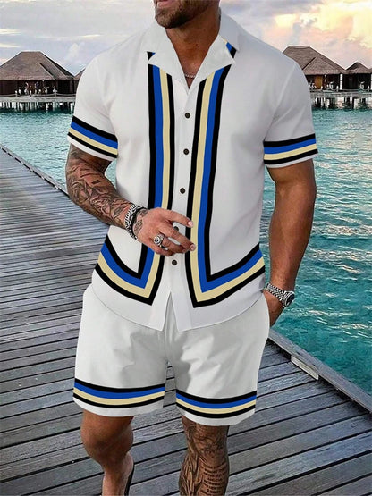 2024 New Men's Beach Wear 2-Piece Quick Drying Hawaiian Shirt and Shorts Set Summer Men's Fashion Striped Print Casual Wear