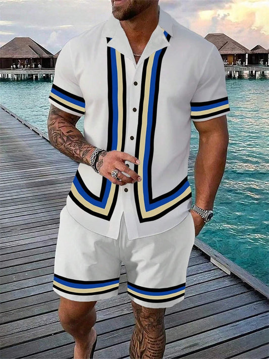 2024 New Men's Beach Wear 2-Piece Quick Drying Hawaiian Shirt and Shorts Set Summer Men's Fashion Striped Print Casual Wear