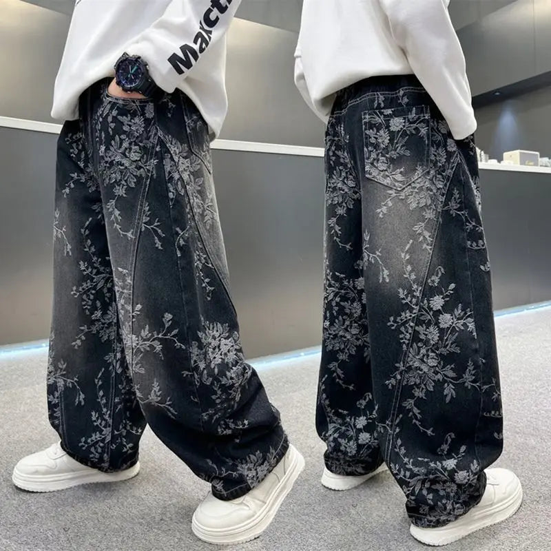 Boy Jeans For Teenage Casual Style Letter Pattern Loose Pants For Children Toddler Kids Clothes 4 6 8 9 10 11 12 13 14 Years