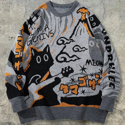 Men's retro cartoon knitted sweater for warmth, pullover casual long-sleeved knitted sweater for 2025 autumn-winter season