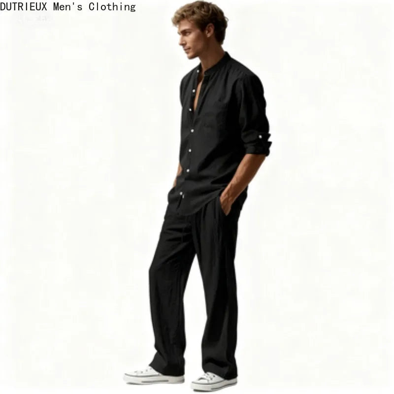 Fall Men's Cotton and Linen Two-piece Set, Oversized Simple Versatile Long-sleeved Shirt + Pants Comfortable Linen Suit for Men