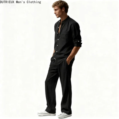 Fall Men's Cotton and Linen Two-piece Set, Oversized Simple Versatile Long-sleeved Shirt + Pants Comfortable Linen Suit for Men
