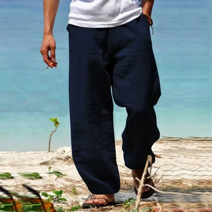 Men's Beach Pants Breathable Loose Straight Trousers Male Summer Casual Solid Color Japanese Streetwear