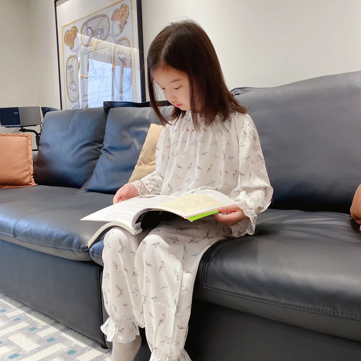 Girls Pajamas Set 2025 Spring And Summer New Blue Lace Lace Children's Home Clothing Cotton Printed Pajamas Children's Clothing
