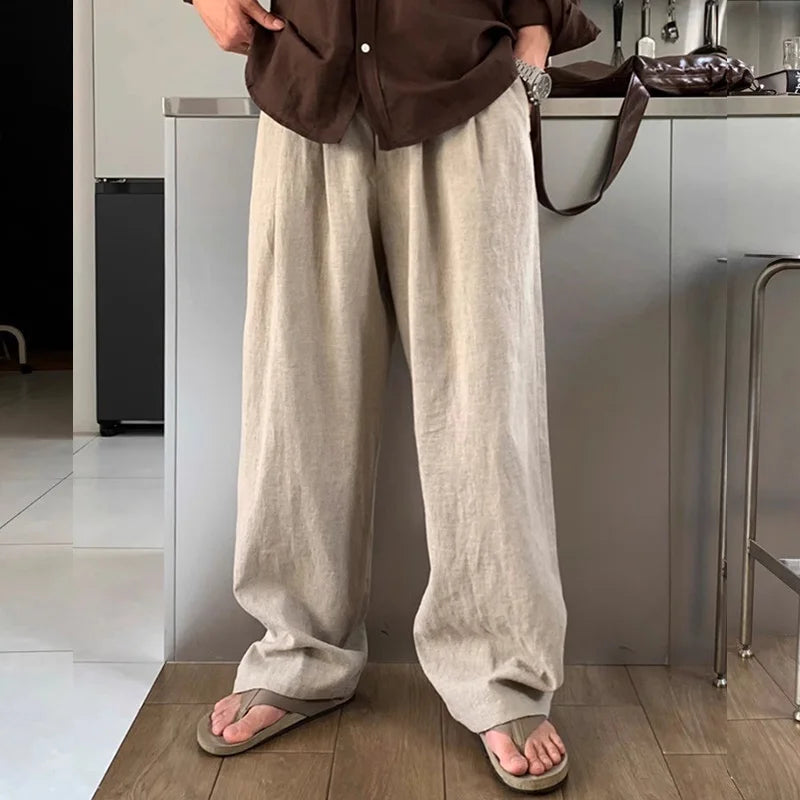 Men's Linen Dress Pants Spring and Summer Breathable White Cotton-Linen Lazy Floor-Length Pants Korean Style Loose Straight Casual Pants