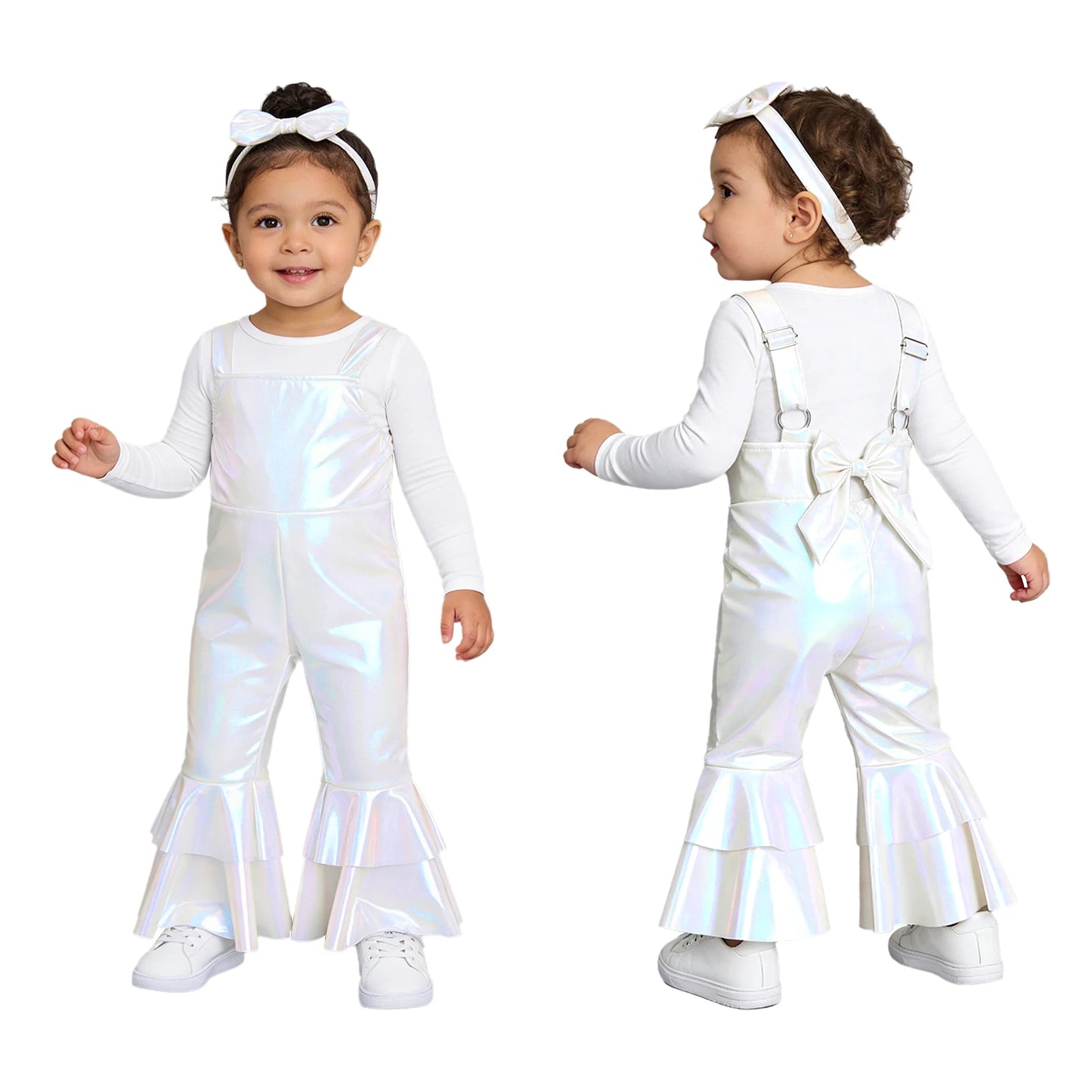 Baby Girls Clothes Birthday Party Metallic Bell Bottoms Romper Djustable Straps Bow Overalls with Headwear Photo Shoot Outfit