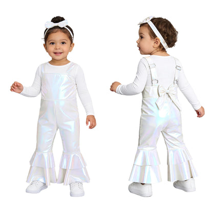 Baby Girls Clothes Birthday Party Metallic Bell Bottoms Romper Djustable Straps Bow Overalls with Headwear Photo Shoot Outfit