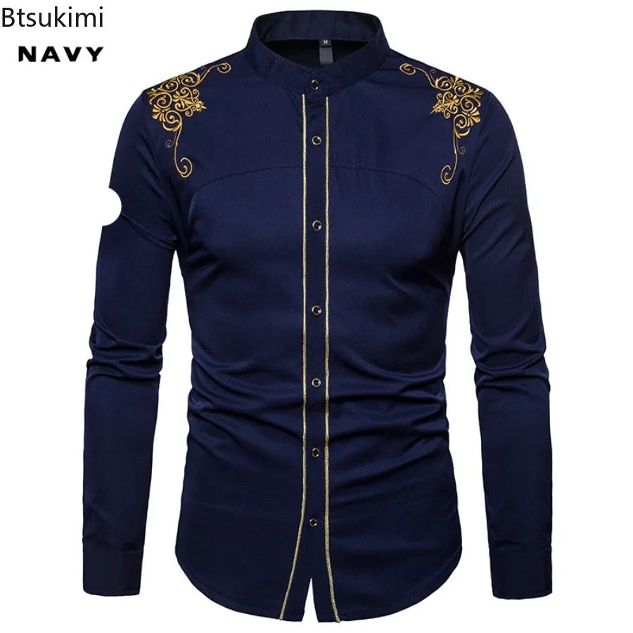 Men's England Style Embroidery Shirts Long Sleeve Lapel Single-breasted Casual Social Party Dress Shirts Men Street Clothing New