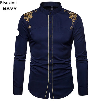 Men's England Style Embroidery Shirts Long Sleeve Lapel Single-breasted Casual Social Party Dress Shirts Men Street Clothing New