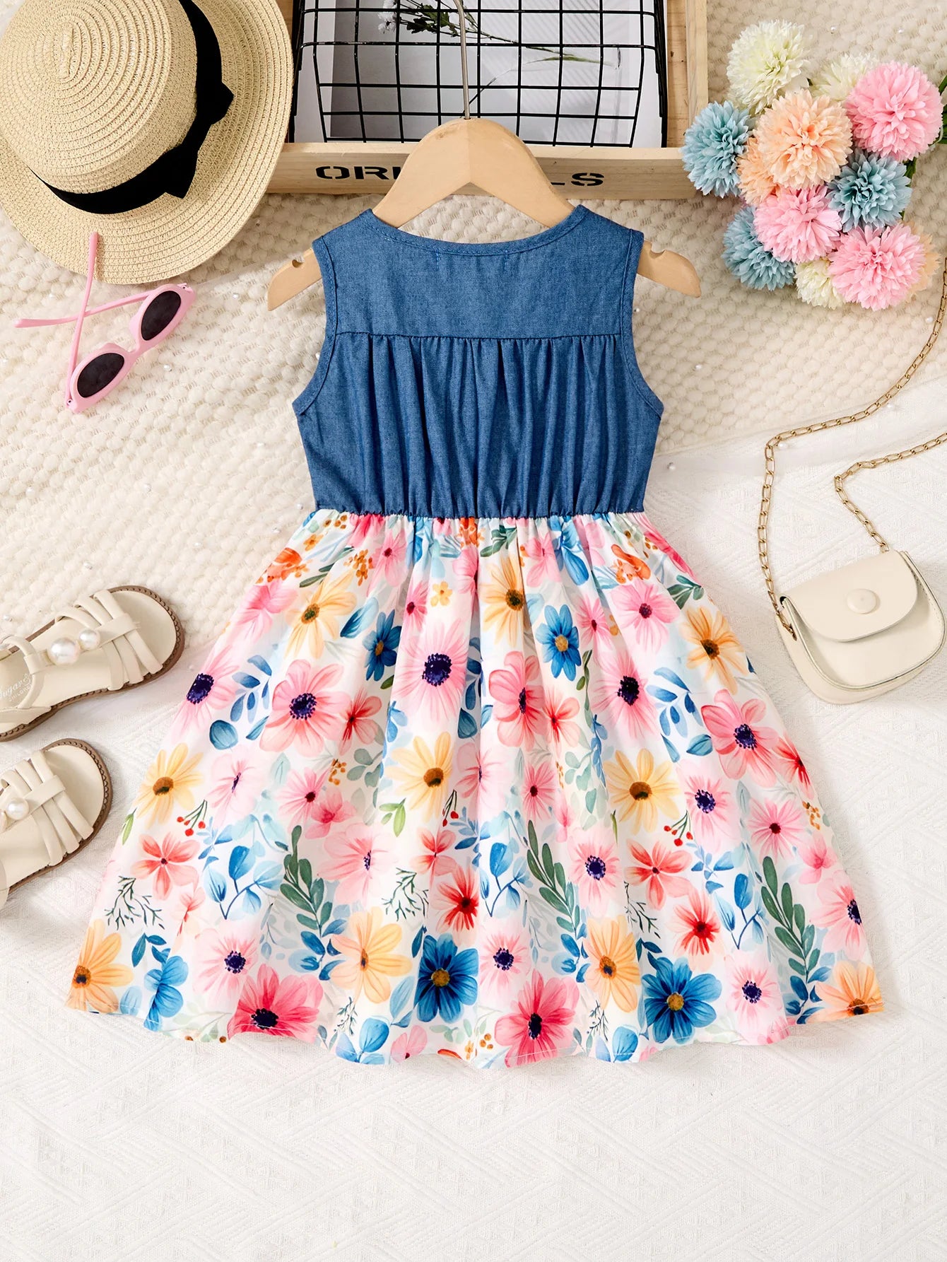 Girls Casual Dresses Denim Print Button Bow Ruffled sleeves Floral Tulle Cute Princess Formal Dresses Children Casual Dresses