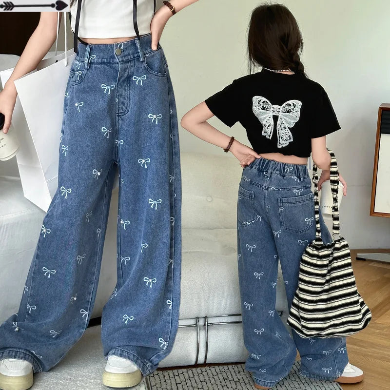 New Summer Girls Casual Style Jeans For Teenage Clothes Bow Print Denim Wide Leg Pants Spring Big Kids Straight Trousers 5-16Y
