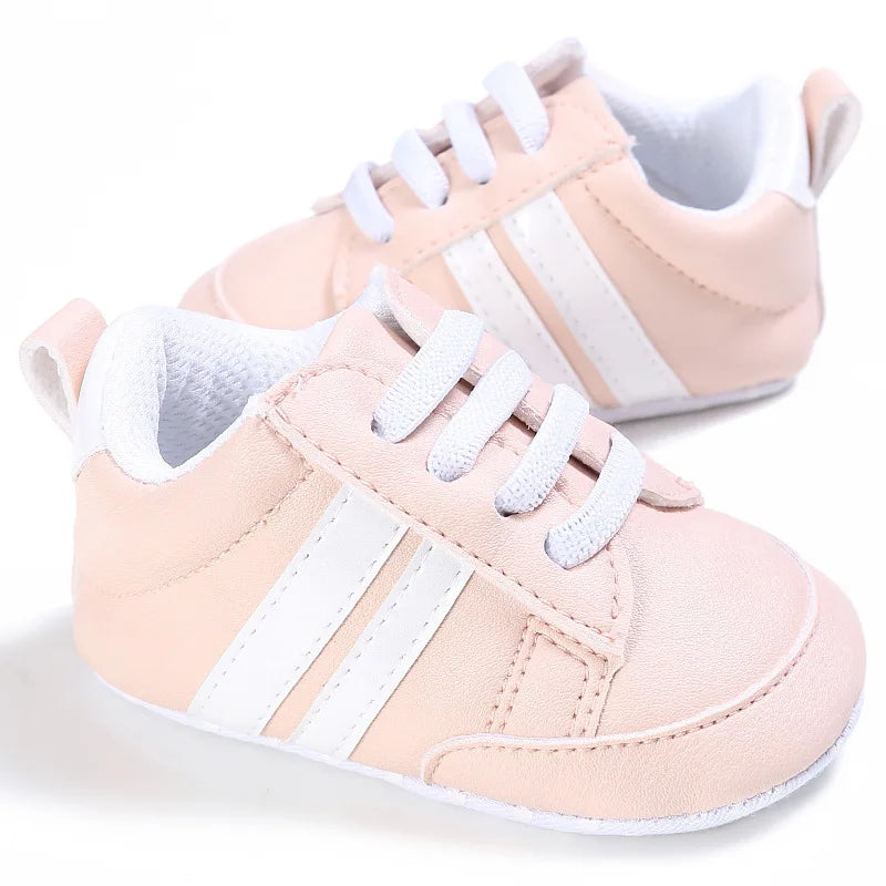 Newborn Baby Boys Shoes for 1 Year Footwear with Striped Infant Casual PU Leather Toddler Soft Sole Girls Sneakers First Walkers
