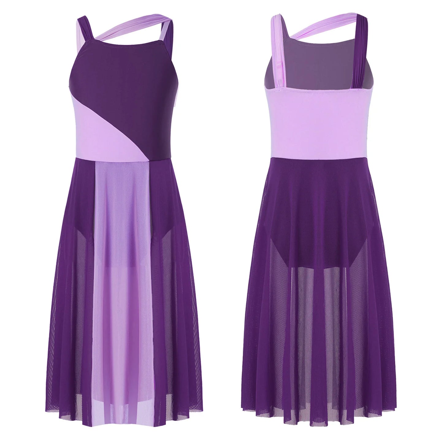 Girls Lyrical Cut Out Front Tulle Dance Dress Gymnastics Training Leotard Modern Contemporary Dancewear Costume
