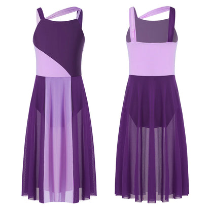 Girls Lyrical Cut Out Front Tulle Dance Dress Gymnastics Training Leotard Modern Contemporary Dancewear Costume
