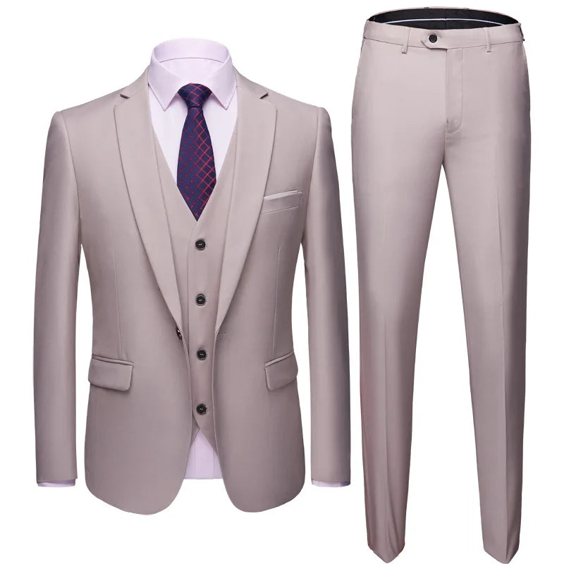 Man Suit Set Simple Solid Color Long Sleeve Male Outfit Single-breasted Slim Business Wedding Versatile Men Three-piece Suits