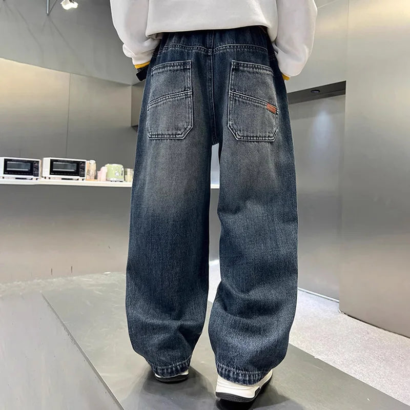 Boys Wide-leg Jeans 5-14 Years Spring Autumn Fashion Cool Casual Sports Denim Straight Pants for Kids Loose Trousers