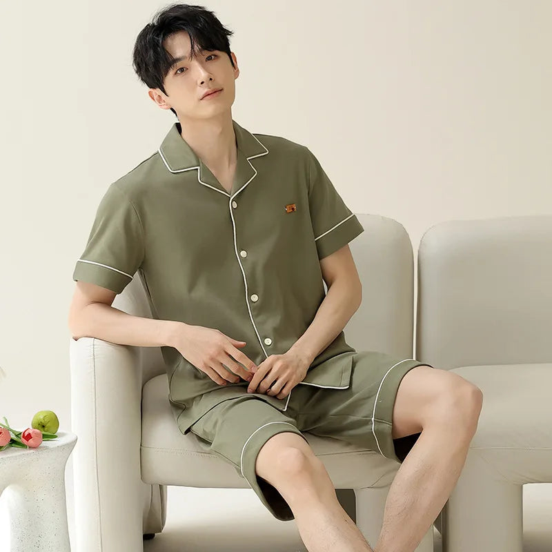 Pajamas for Men Spring Autumn Long Sleeve Lapel Button-up Cardigan Trousers Two-pieces Loose Casual Home Clothes Men Pajama Sets