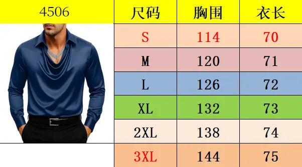 Casual Men Satin Silky Dress Shirts Long Sleeve Social Single Breasted Turn-Down Collar Shirts Wedding Party Men clothes