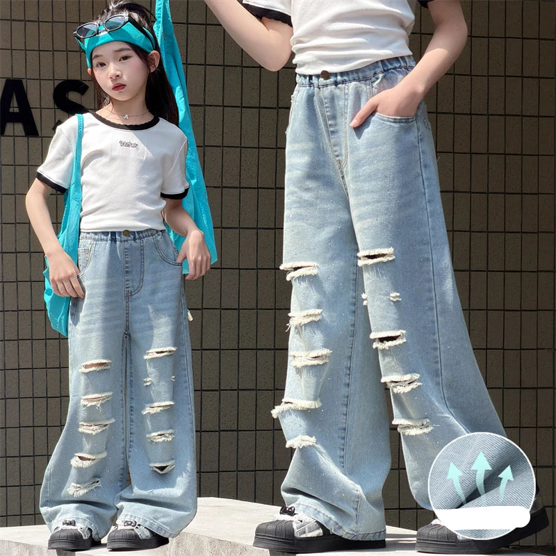 Teenage Girls Cool Denim Pants for Summer Loose Rhinestone Jeans Casual Trousers With Hole Kids Elastic Waist Jeans 5 To 14Years