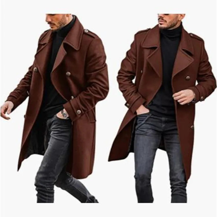 New Men's Woolen Coats Fashion Double-breasted Lapel Mid-length Jacket Solid Thicken Warm Overcoat Autumn Winter Men Trench Coat