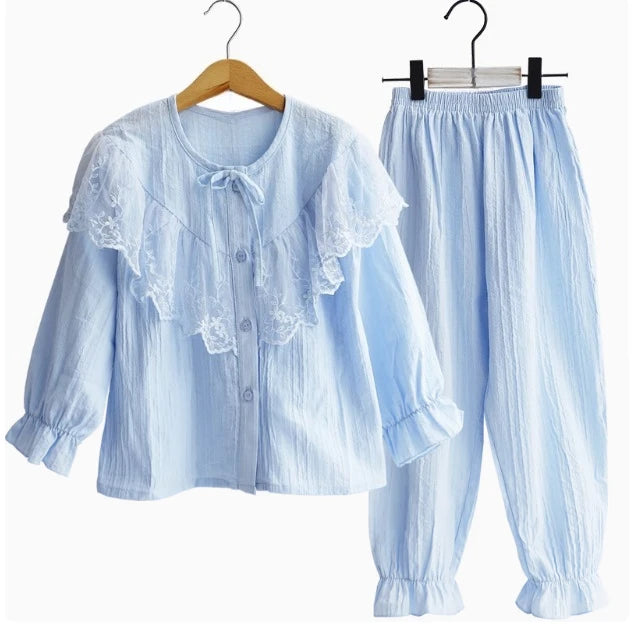 Girls Cotton Pajama Set Long Sleeve Kids Sleepwear Loungewear Comfy Home Clothes Basic Solid Color 2 Piece Outfit Summer Wear
