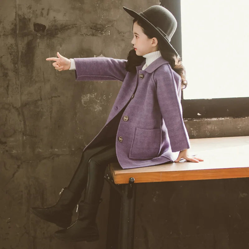 Kids Winter Wool Blend Coats Vintage Fashion Teen Girls Beige Long Jackets Warm Outerwear Thick Jacket Child 6 8 10 12 Years Old