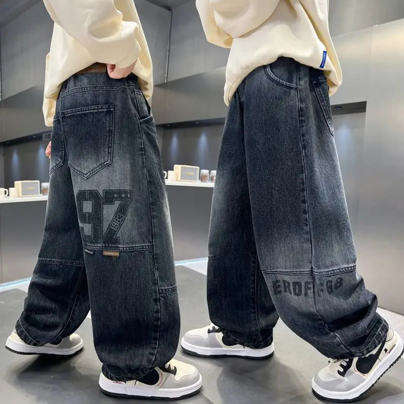 Boy Jeans For Teenage Casual Style Letter Pattern Loose Pants For Children Toddler Kids Clothes 4 6 8 9 10 11 12 13 14 Years