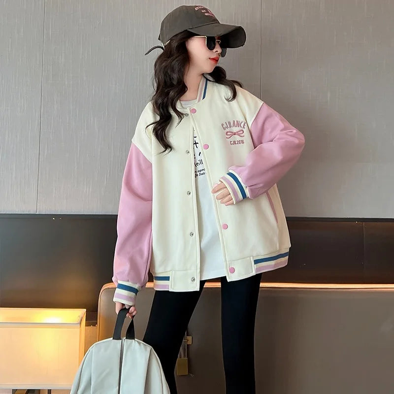 Girls Spring Autumn Jacket New Korean Style Front And Back Butterfly Knot Baseball Coat Teenage Children's Jacket