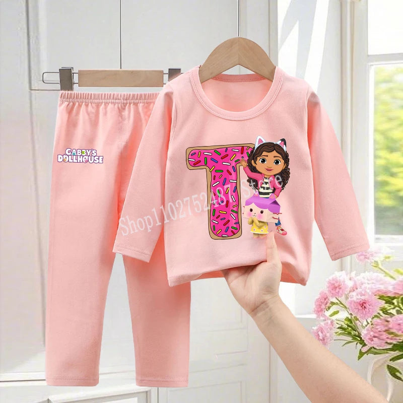 Gabby Dollhouses Pajamas Pants Set Girls Cute Letter A-Z Nightwear Trousers Kids Winter Home Clothes Children Long Sleeves Gift