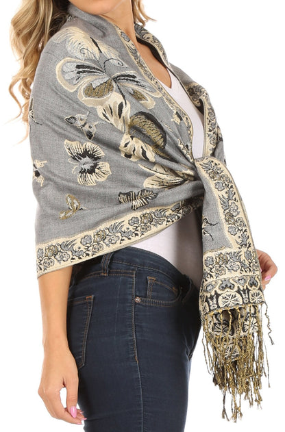 Sakkas Liua Long Wide Woven Patterned Design Multi Colored Pashmina Shawl / Scarf